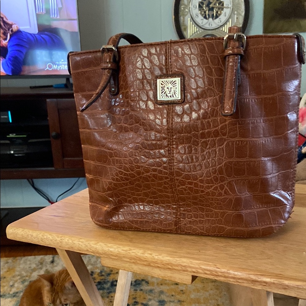 Anne Klein Brown Croc-Embossed Tote with Logo Plaque